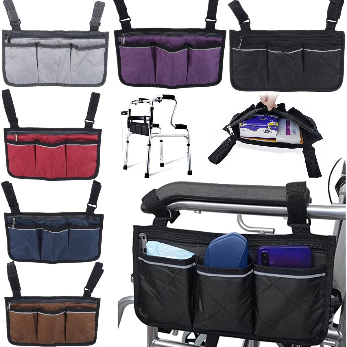 Wheelchair Armrest Pouch Organizer Wheelchair Side Bag with 3 Pockets