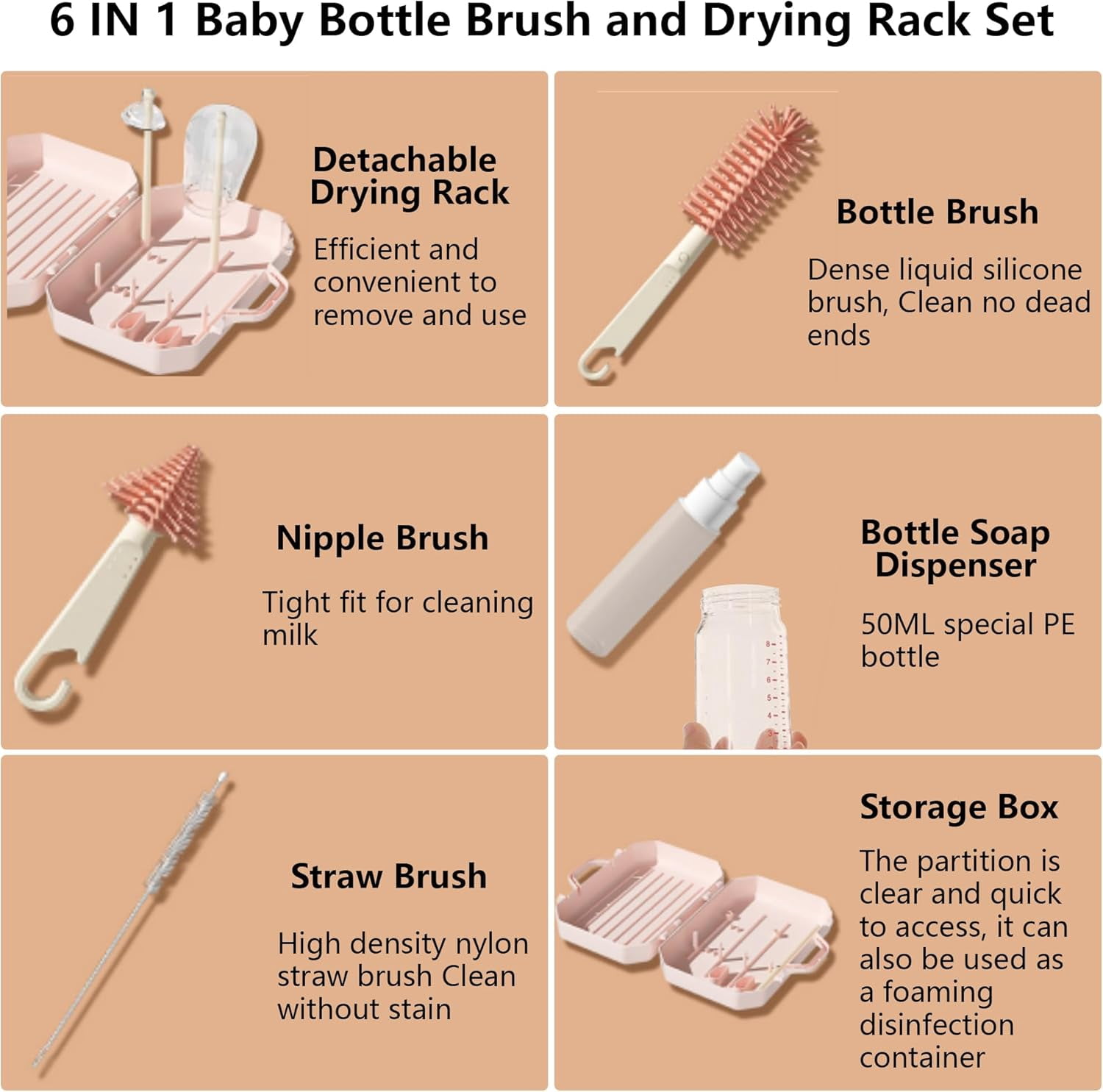 Travel Baby Bottle Cleaner Kit: 6 in 1 Extendable Silicone Baby Bottle Cleaner Brush Set with Drying Rack, Nipple Brush,Straw Brush,Soap Dispenser, Organizer Case, Baby Travel Essential (Pink)