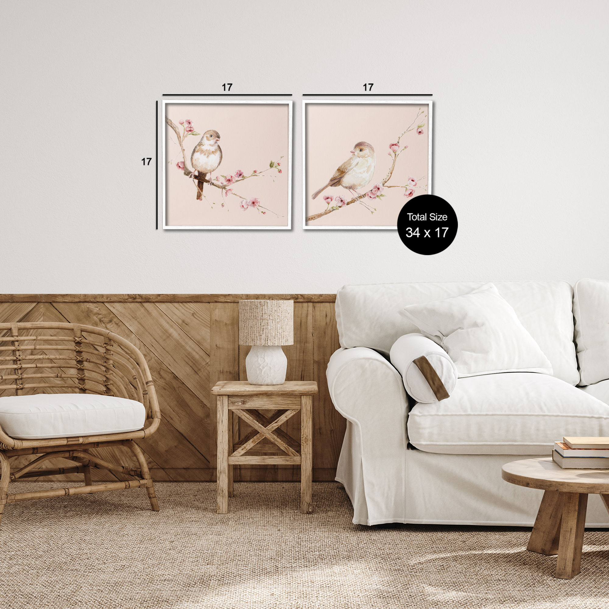 Sweetest Brown Birds Branch 2 Piece White Framed Giclee Art Set, design by Lisa Wehmeyer