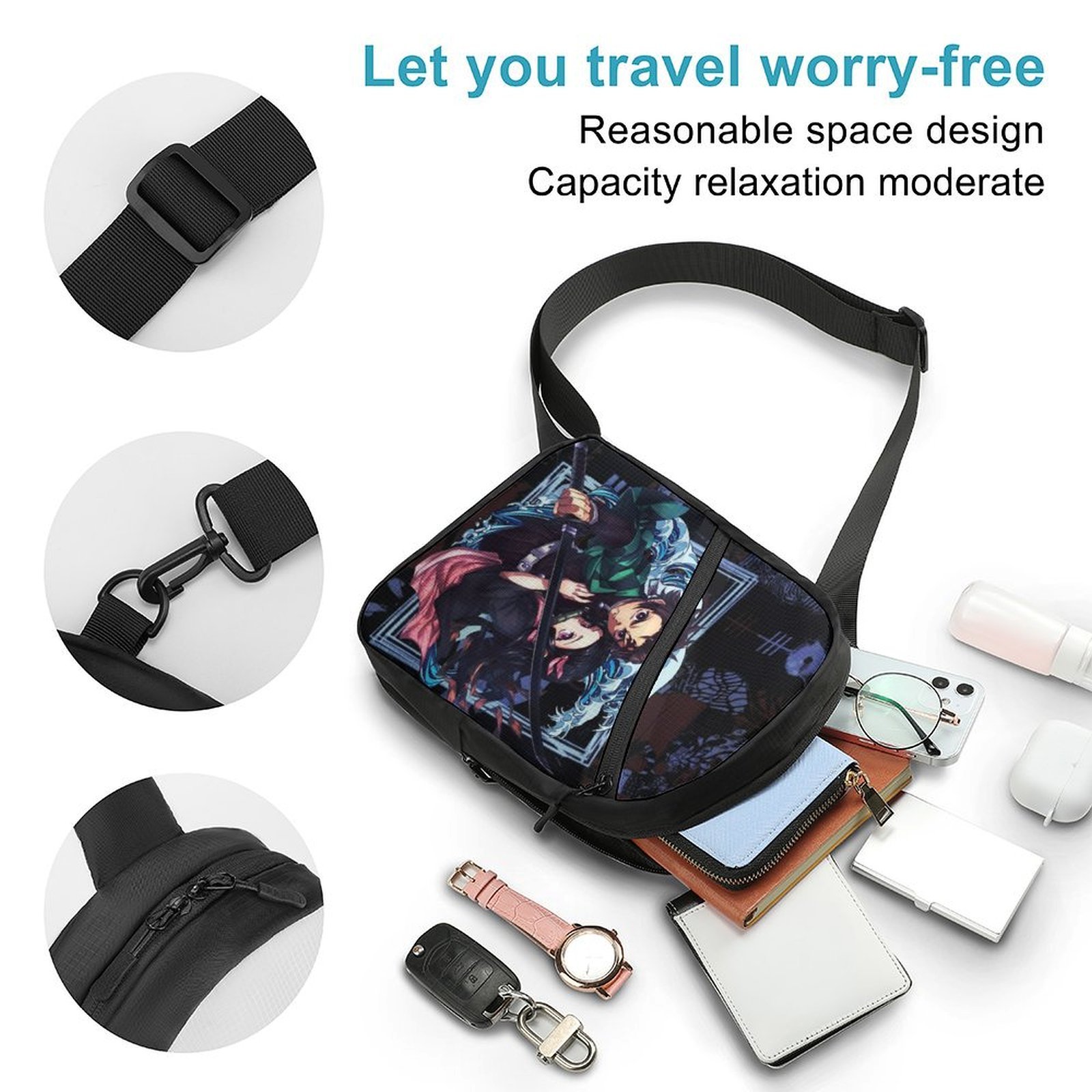 Demon Slayer Sling Bag Foldable Crossbody Bag Unisex Versatile Shoulder Bag Chest Pack Zipper for Gym Travel
