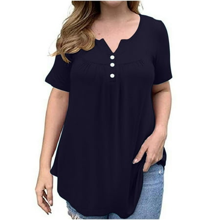 

kakina CMSX Plus Size top Clearance Women s Summer Loose Slim Button Short Sleeve V-Neck Top/Shirt