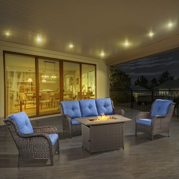 OPOHORO 4 Pieces Outdoor Conversation Set with 41" Rectangular Fire Pit Table, Brown Rattan Furniture Set with Patio Couch and Lounge Chairs, for Garden Lawn Balcony, Blue Cushion