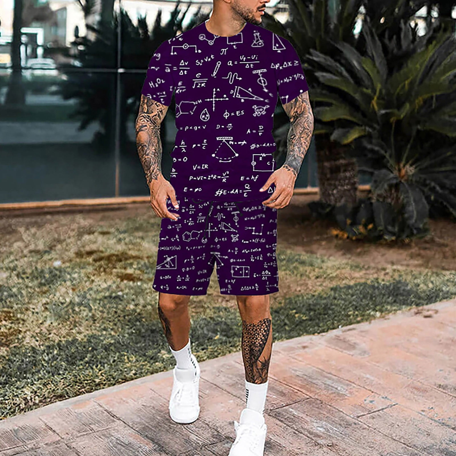 eczipvz Casual Suits for Men Summer Men's Tracksuit Sport Set Summer Outfit  2 Pieces Short Sleeve T Shirts and Long Casual Sweatsuit Purple,3XL 