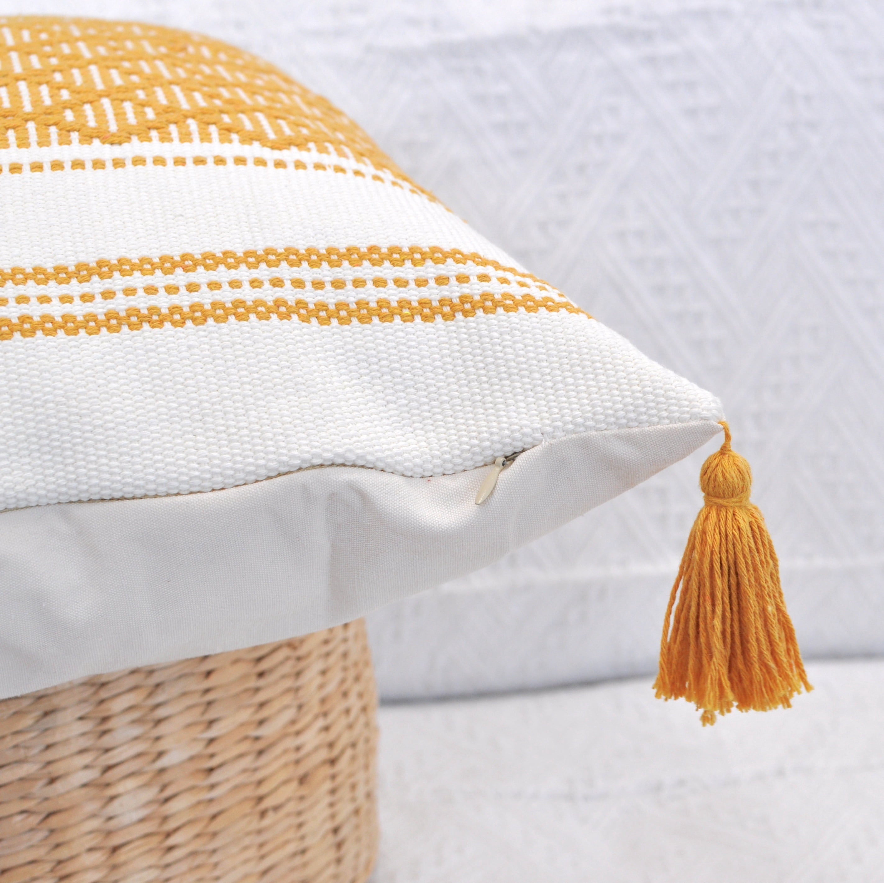 Decorative Throw Pillow Covers with Tassels, 18x18 Inches (Set of 2), Mustard Yellow/Cream | Checkered Pattern Boho Pillow Covers | Farmhouse Woven Pillow Cases | Natural Accent Cushion Covers