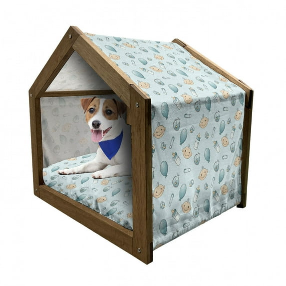 Cartoon Pet House, Head with Balloons Pacifiers and Milk Bottles Inspired Composition, Outdoor & Indoor Portable Dog Kennel with Pillow and Cover, 5 Sizes, Pale Blue Turquoise and Tan, by Ambesonne