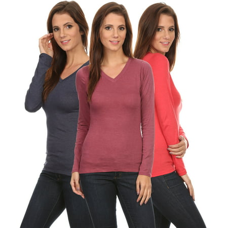3 Pack Women's Long Sleeve Shirt V-Neck Slim Fit BERRY/CORAL/NAVY