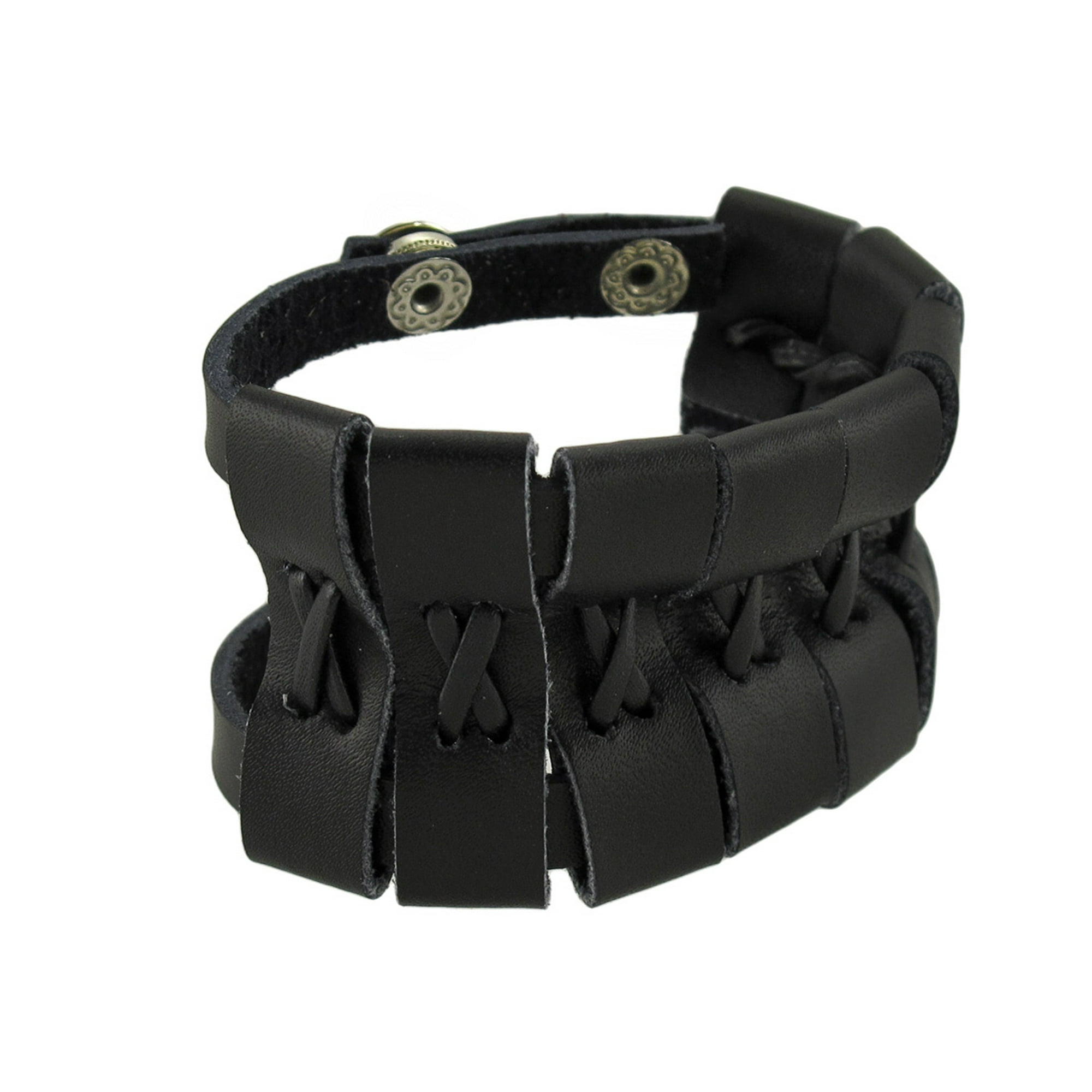 Double black leather wrist wide bracelet deals