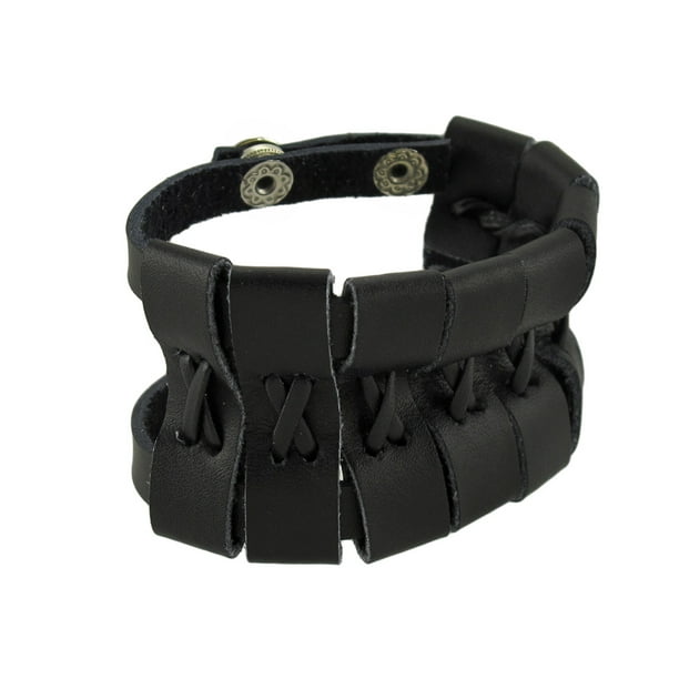 Double black leather wrist shop wide bracelet