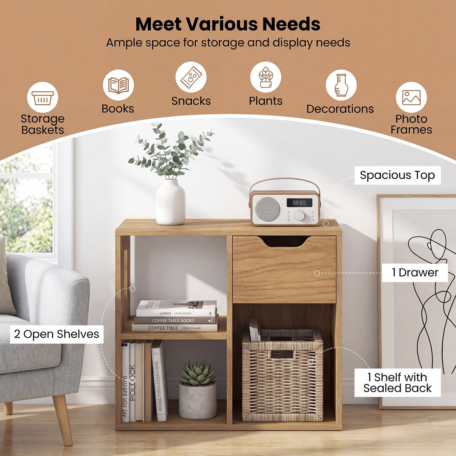 Goplus 2 PCS Bookshelf with Drawer, Freestanding Storage & Display Shelf for Living Room Natural
