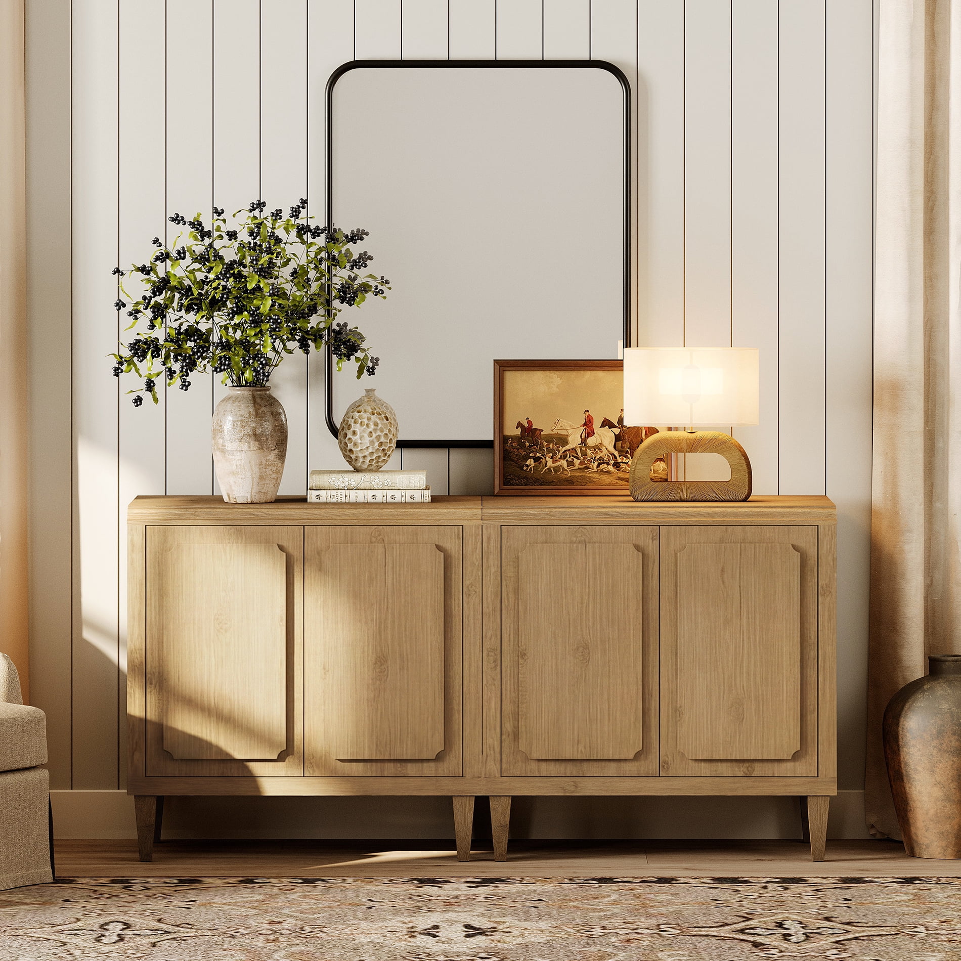 63" Oak Buffet Cabinet with Embossed Door, Modern Sideboard with Storage,Oak