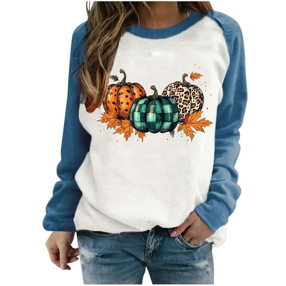 SwiftWear Fall Season Pumpkin Pattern Sweatshirt for Women Comfort Fit Raglan Long Sleeve Pullover Tops Thanksgiving Halloween Theme Casual Wear with Leaf Motifs Blue