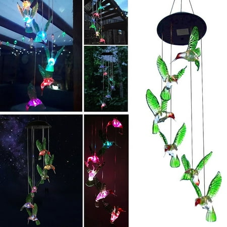 TSV Hummingbird Solar Powered Bird Wind Chimes Outdoor Changing Color LED Bird Spinner Garden (Best Cord For Wind Chimes)