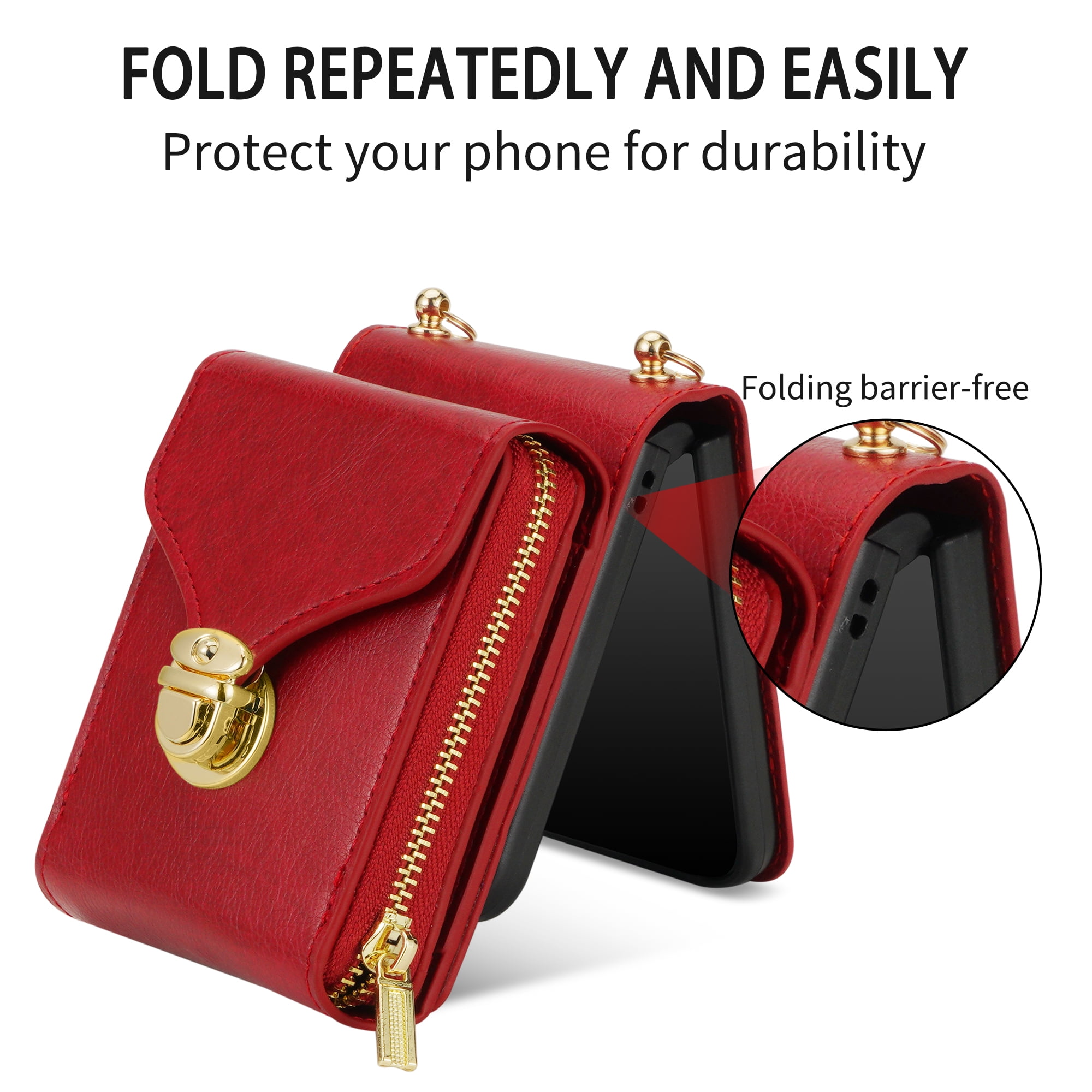 Handbag Wallet Case for Samsung Galaxy Z Flip 6 with Shoulder Strap, with Back Card Slots Holder PU Leather Magnetic Snap Zipper Flip Purse Shockproof Phone Cover for Galaxy Z Flip 6 - Red