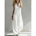 thumbnail image 6 of Women's Linen Jumpsuit Sleeveless V Neck Overalls Loose Button Down Wide Leg Jumpsuits Summer Casual Jumpsuit with Pockets White S, 6 of 6