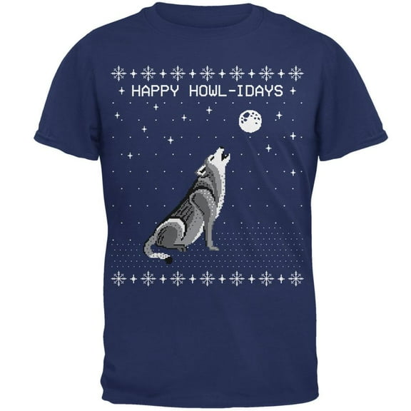 Happy Howl-idays Holidays Wolf Ugly Christmas Sweater Mens T Shirt Metro Blue LG