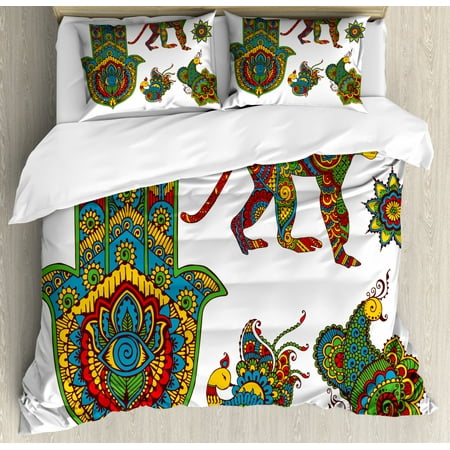 Hamsa Duvet Cover Set Hand Painted Mehndi Style Figures Monkey