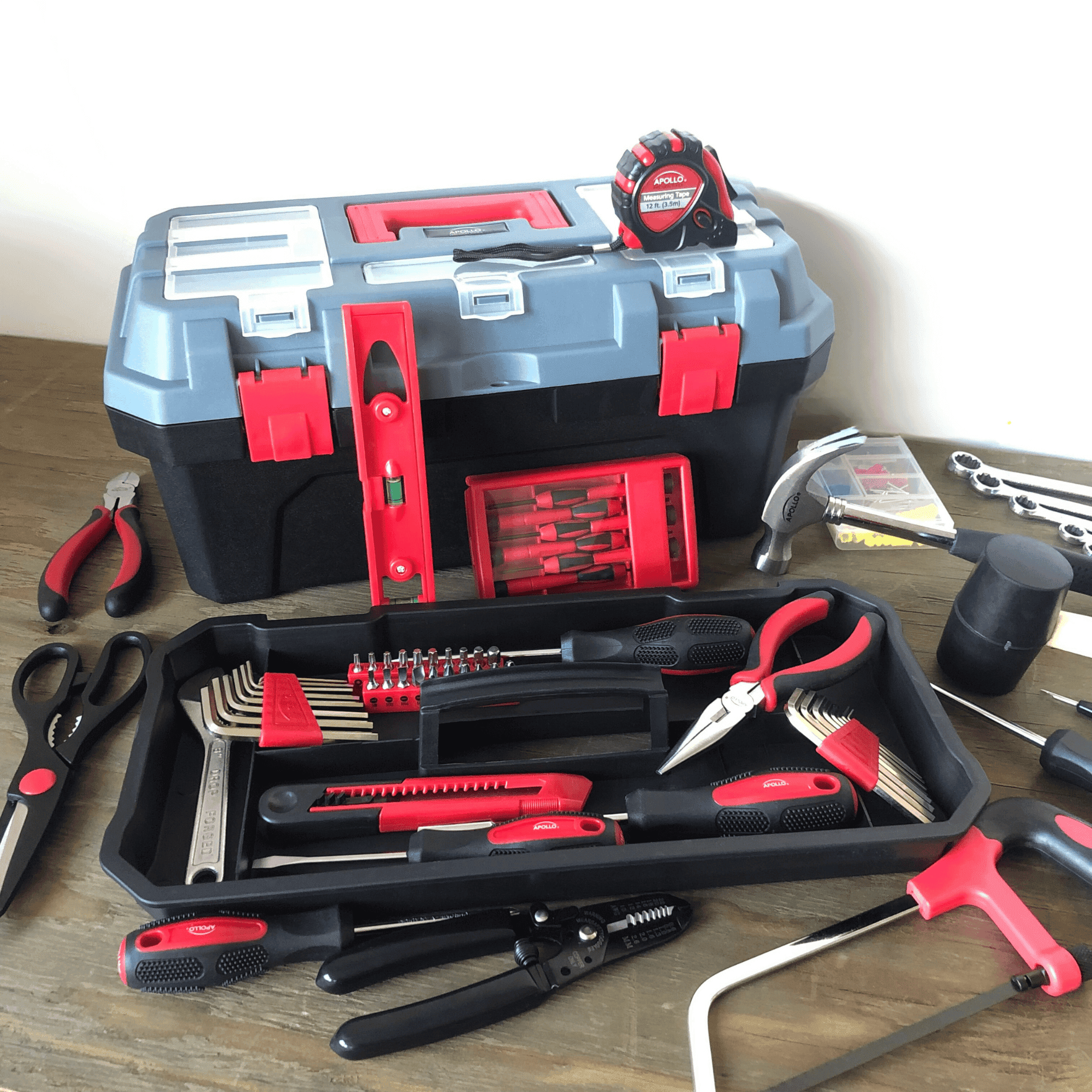 Apollo Tools 170 Piece Household Tool Kit with New and Improved Tool Box RED - DT7103