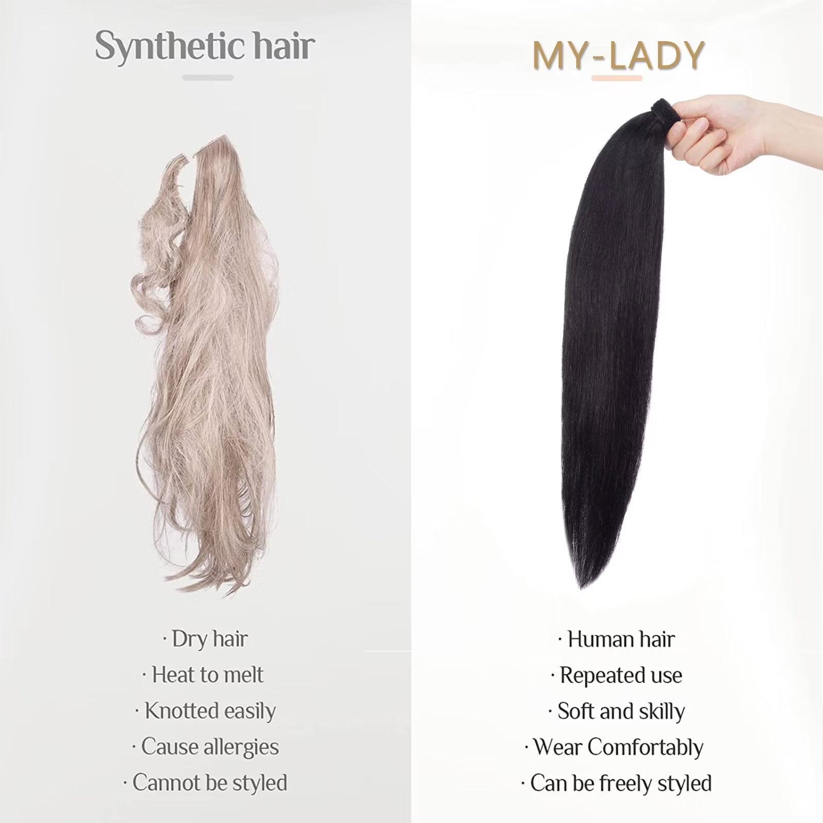 MY-LADY Remy Human Hair Extensions Ponytail Magic Paste Extensions Hair Wrap Around Ponytail Hair Piece Clip in Straight 16inch #01 Jet Black
