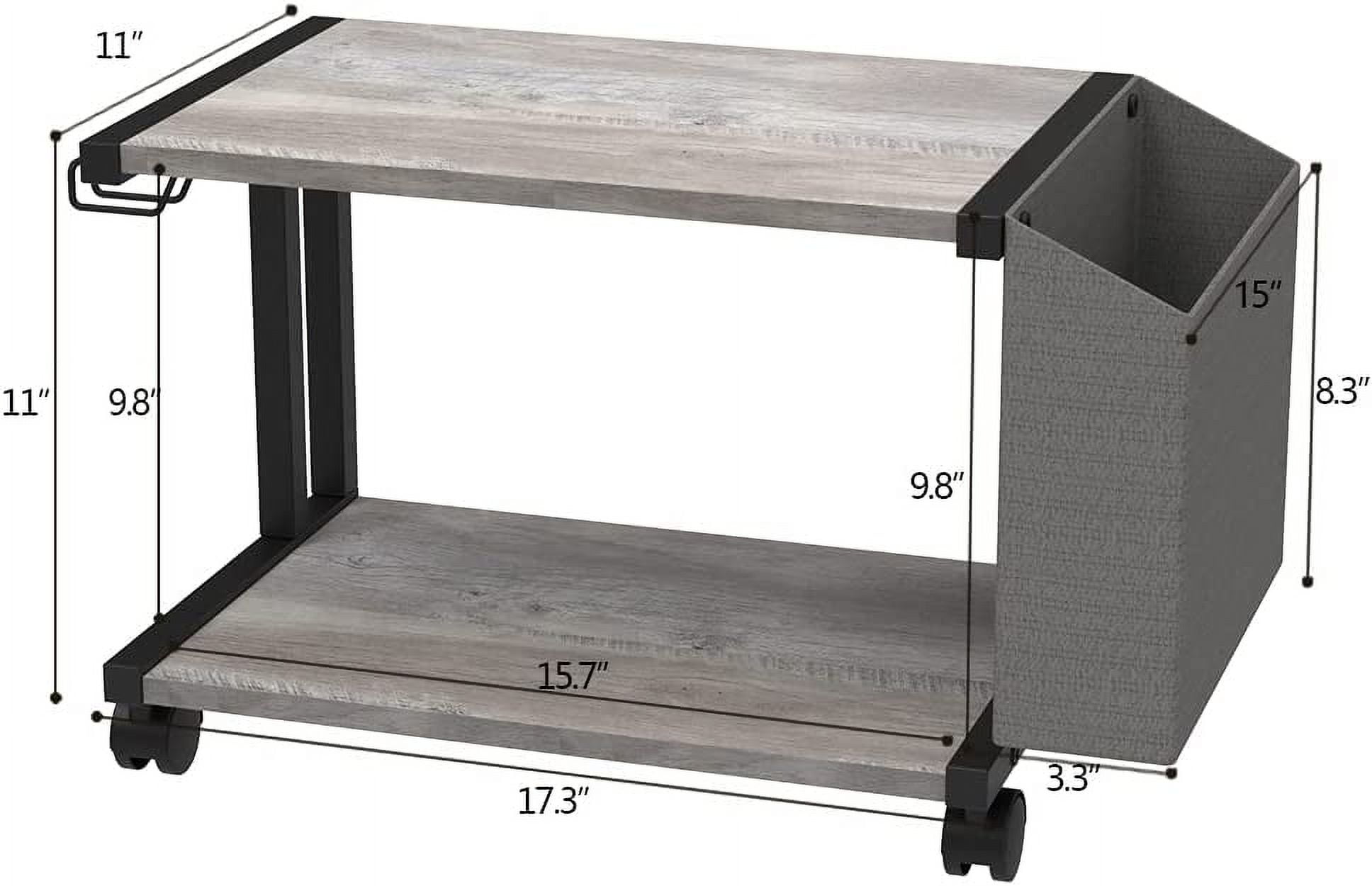 2 Tier Vintage Greige Wooden Under Desk Printer Stand with Storage Bag for Home Office Desktop Printer Table Organizer Mobile Printer Shelf Cart with Caster Wheel