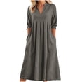thumbnail image 2 of Zedker Vintage Dresses for Women Button Up Long Sleeve Pleated Tiered Flowy Swing Peasant Maxi Dress Gray XL, 2 of 8