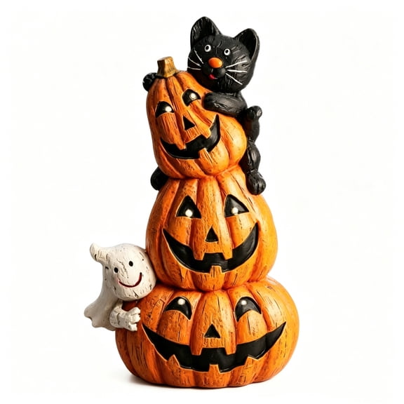 Halloween Resin Pumpkin with Black Cat & Ghost Figurine, Whimsical Tree Stump Yard Decor, Outdoor Lawn Ornament for Garden Patio, Fall Harvest Home Accent