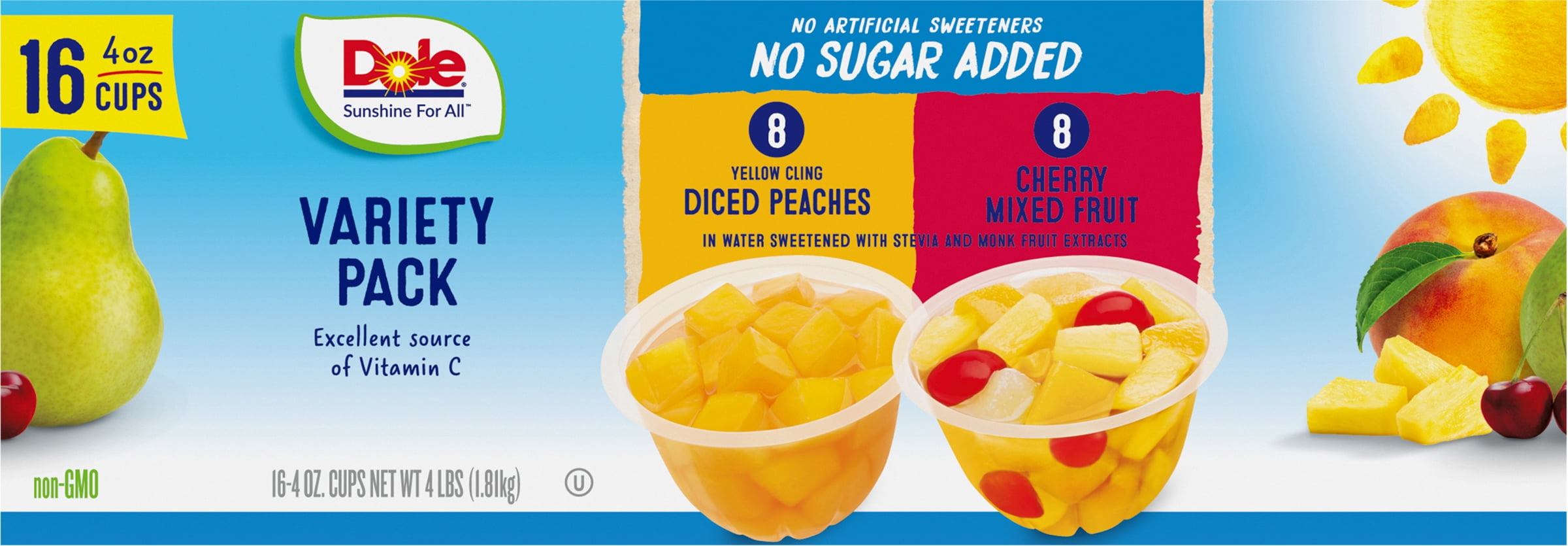 Dole No Sugar Added Diced Peaches/Cherry Mixed Fruit Fruit Bowls Snacks Variety Pack 16 - 4 oz Cups
