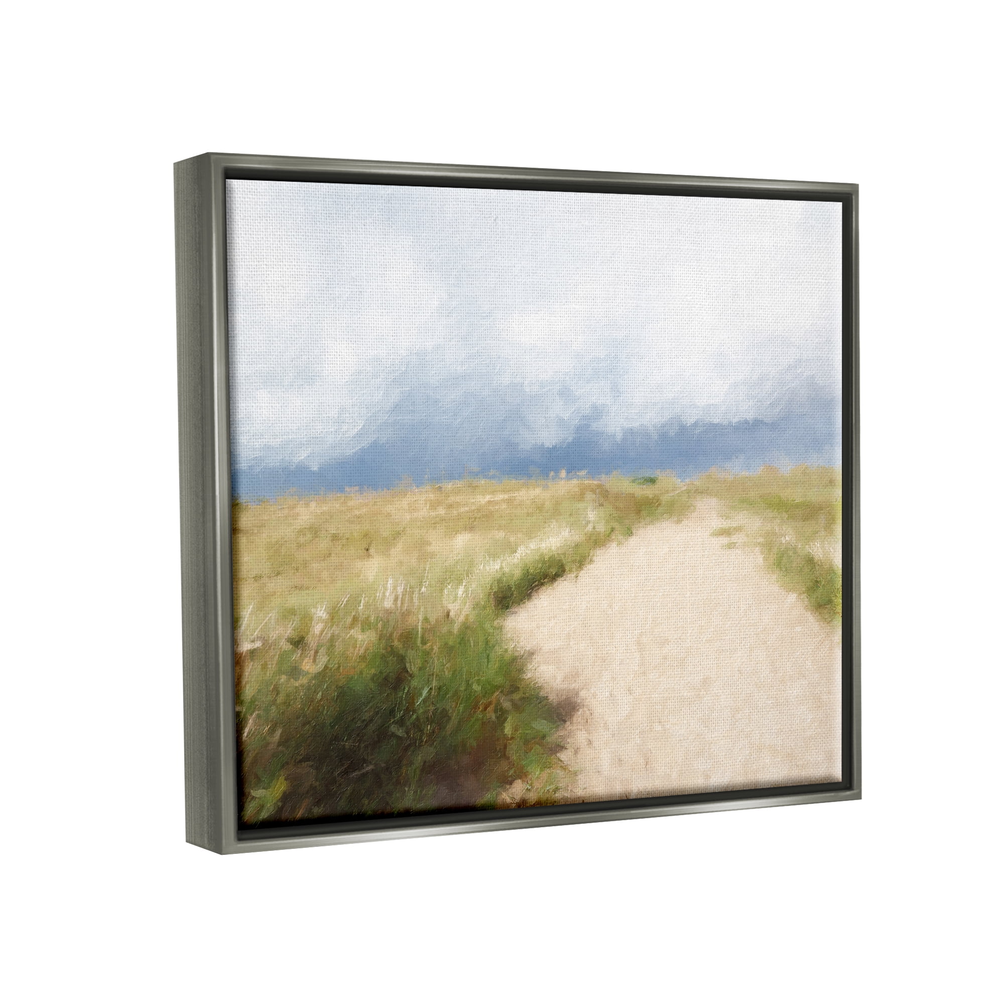 Stupell Coastal Sandy Path Cloudy Sky Landscape Painting Gray Floater Framed Art Print Wall Art
