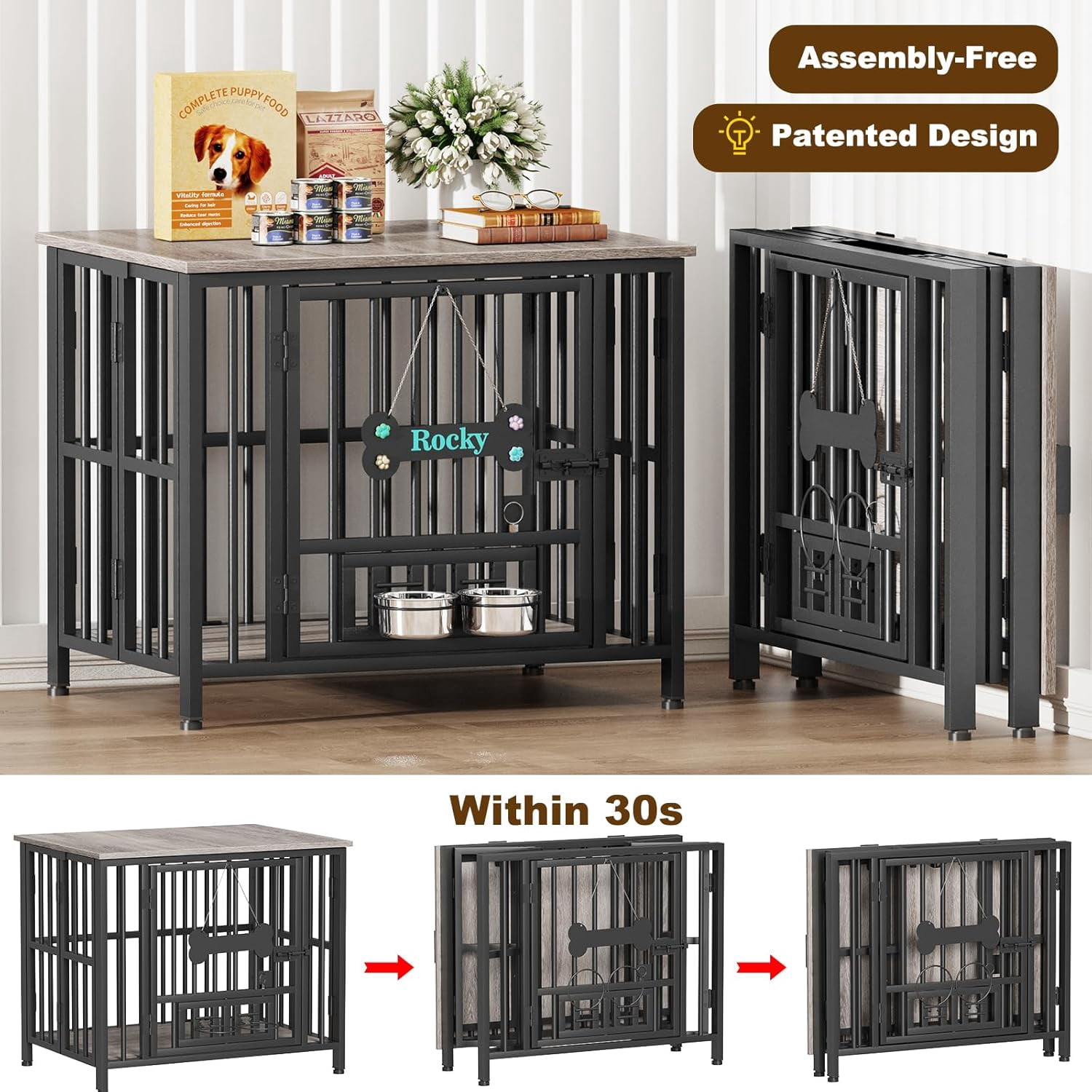 POAO 31"Dog Crate Furniture Foldable, No Assembly Dog Kennel Indoor for Medium Dogs(20-35 lb), Dog Cage with Adjustable Bowls &Name Tag, End Table