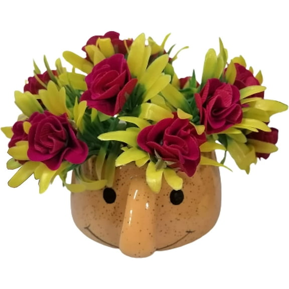 India Meets India Handmade Ceramic Cup Planter [Orange] w/ Artificial Flower, Decorative Planter for Home Décor/Living Room/Office/Dining Area and Windowsill, 3 x 4 inches