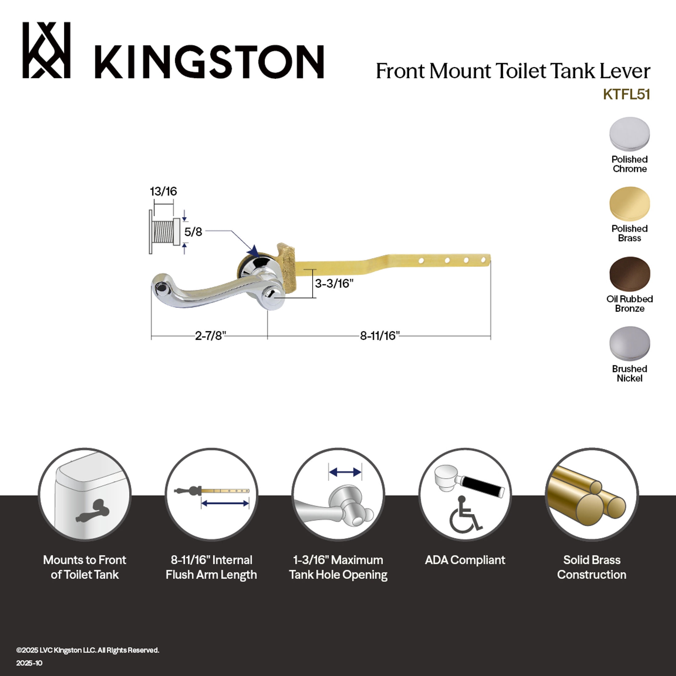 Kingston Brass KTFL52 Royale Front Mount Toilet Tank Lever, Left/Right Installation in Polished Brass