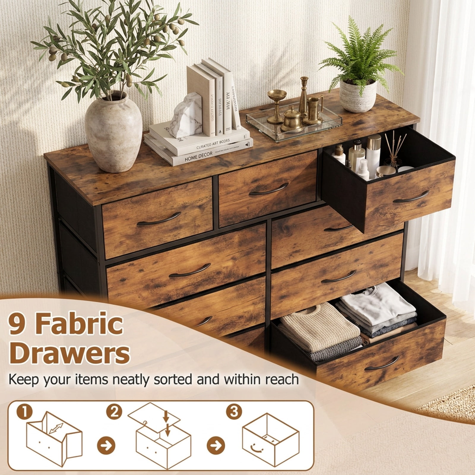 Furnibear 9-Drawer Fabric Dresser with Wooden Top for Bedroom for Bedroom Closet Living Room Nursery Clothes Storage, Rustic Brown