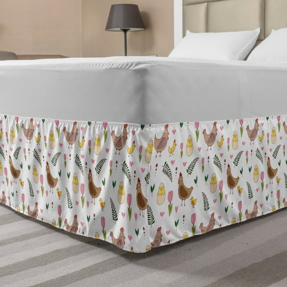 Animals Bed Skirt, Nursery Pattern Chickens Hatching Chicks Tulip Flowers and Heart Motifs Image, Elastic Bedskirt Dust Ruffle Wrap Around for Bedding Decor, 4 Sizes, White Multicolor, by Ambesonne