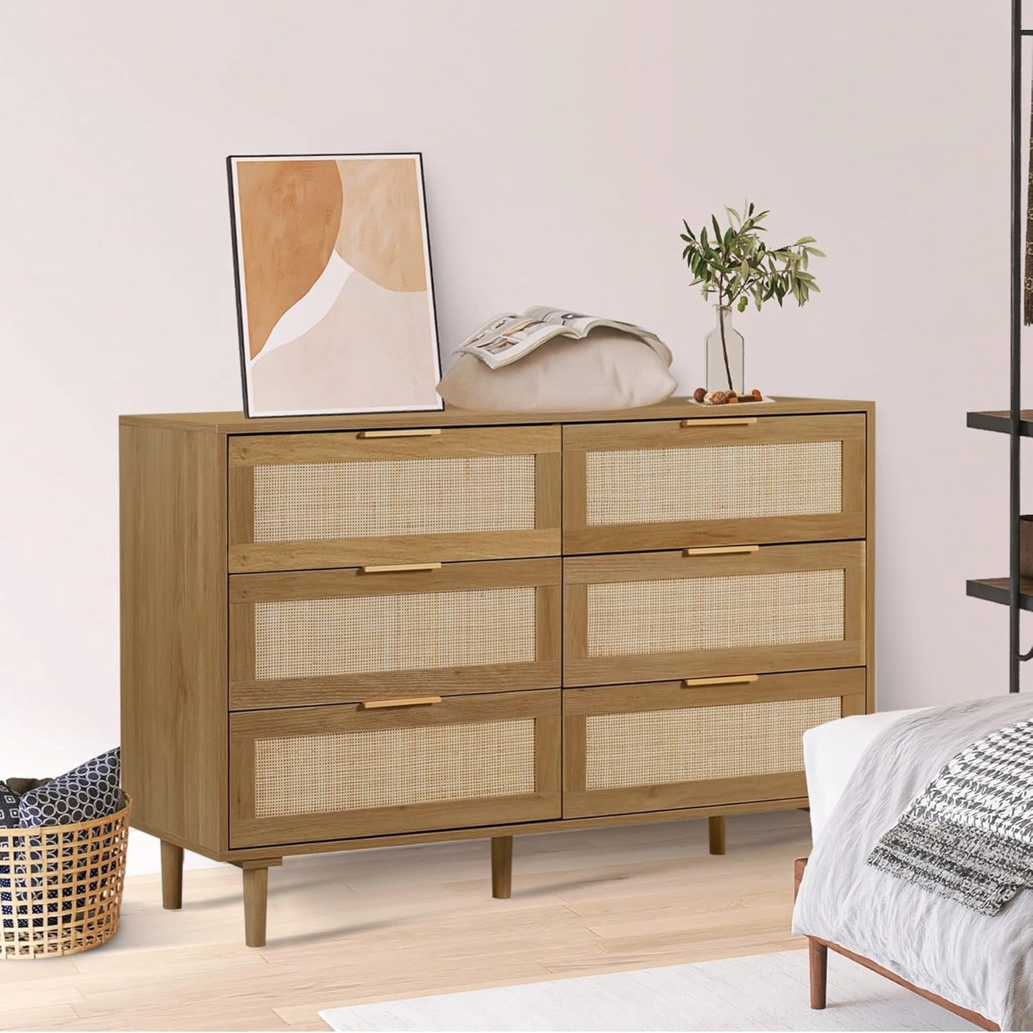LAZZO 6-Drawer Rattan Dresser, Modern Chest of Drawers, Wooden Storage Organizer for Bedroom, Living Room & Hallway, Brown