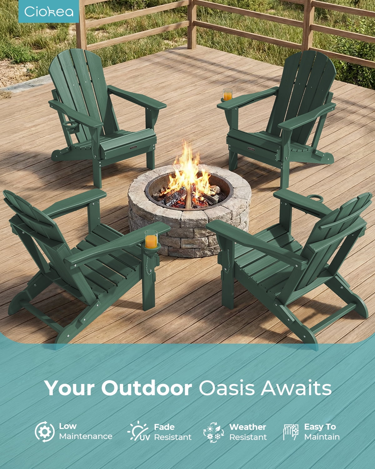 Folding Adirondack Chair, All-Weather HDPE Fire Pit Patio Chair, Green