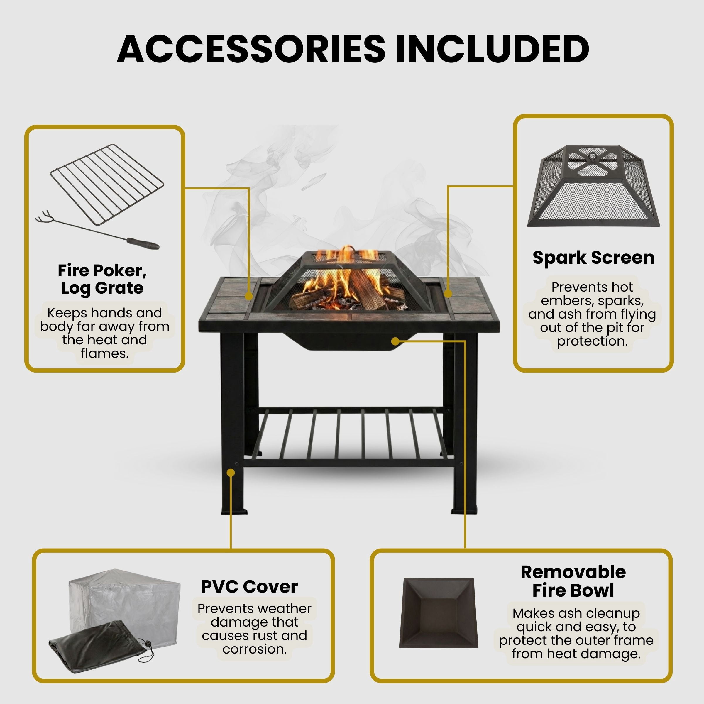 Fire Pit Set, Wood Burning Pit - Includes Screen, Cover and Log Poker - Great for Outdoor and Patio, 30 inch Square Marble Tile Firepit by Pure Garden