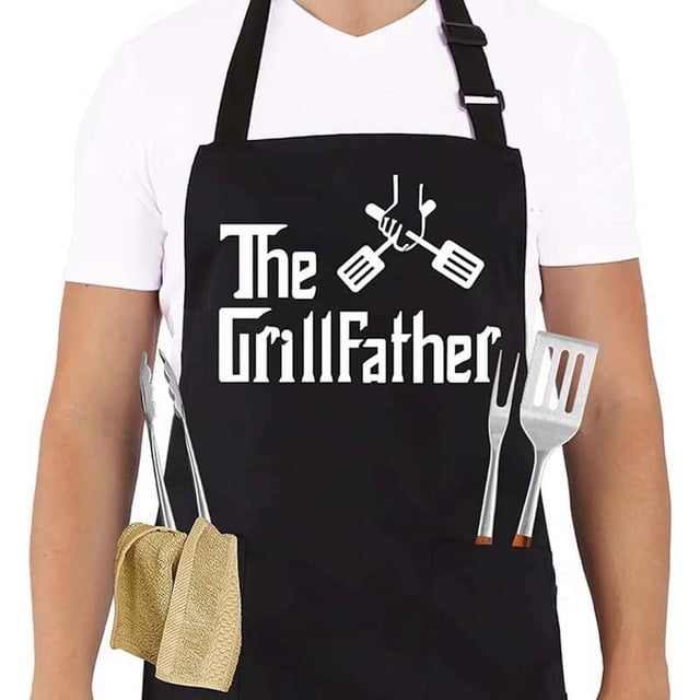 Delantales MuYan para hombre, delantales de chef - El Padre de la Parrilla - Delantal para barbacoa - Talla única extragrande - Delantal de poliéster/algodón con 2 bolsillos - Regalo para el padre de