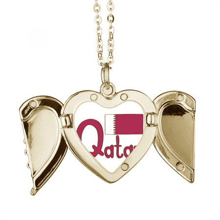 Qatar National Flag Purple Pattern Folded Wings Peach Heart Pendant Necklace