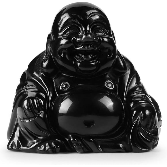 2.0inch Smiling Buddha Statue Hand Carved Healing Crystal Sculpture Buddha, Gem Crystal Religious Sitting Buddha with Gift Box (Black Obsidian)