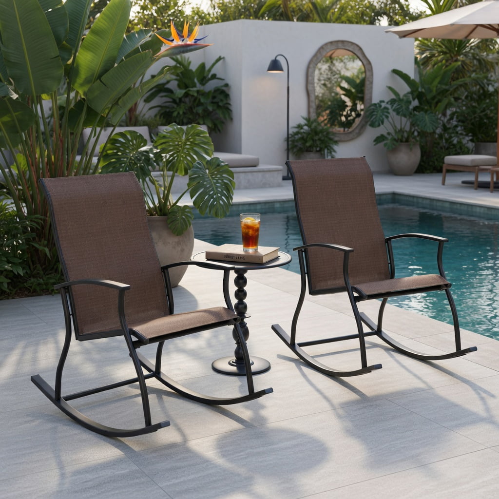 Hommoo 2-Pack Outdoor Rocking Chairs, Breathable Fabric Seat, Rust-Resistant Metal Frame, Ergonomic Back Support, Brown