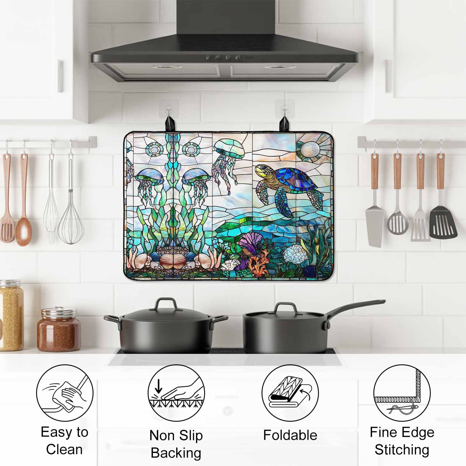 Summer Sea Turtle Stove Top Cover for Electric Stove, Heat-proof & Non Slip Glass Top Stove Cover Protector, Stained Glass Ocean Jellyfish Coral Kitchen Flat Cooktop Rubber Mat 24x21 Inches