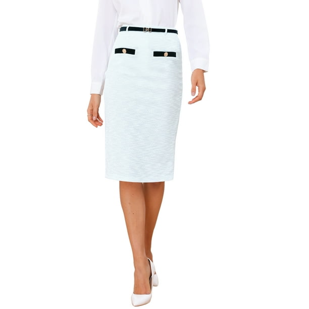 Falda de Lápiz de Tweed INSPIRE CHIC para Mujeres, Faldas Midi de Cintura Alta, Longitud hasta la Rodilla, Decoración de Botón, Faldas de Trabajo de Oficina con Cinturón XL Azul Claro