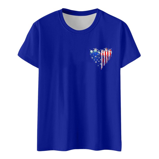 Hauts d'Été pour Femmes Jour de l'Indépendance Drapeau Col Rond Imprimé Lettre Manches Courtes Chemises pour Femmes Bleu TG