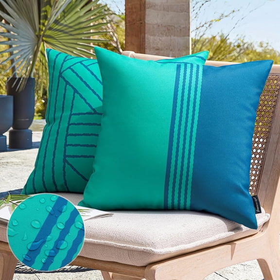 Pack of 2 Outdoor Indoor Throw Decorative Pillow Cover Contrast Color Design Decorative Waterproof Patio Pillows Cushion Case for Couch Tent Park, Teal and Blue, 18 x 18 inches