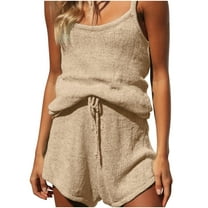 LYXSSBYX Two Piece Sets for Women Summer Women's Casual Solid Color Gallus Sleeveless Shorts Set Sleeveless Crew Neck Top/shirt Set