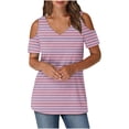 thumbnail image 2 of YHAJDS T Shirts for Women Short Sleeve V Neck Striped Print Off Shoulder Casual Summer Top, 2 of 5