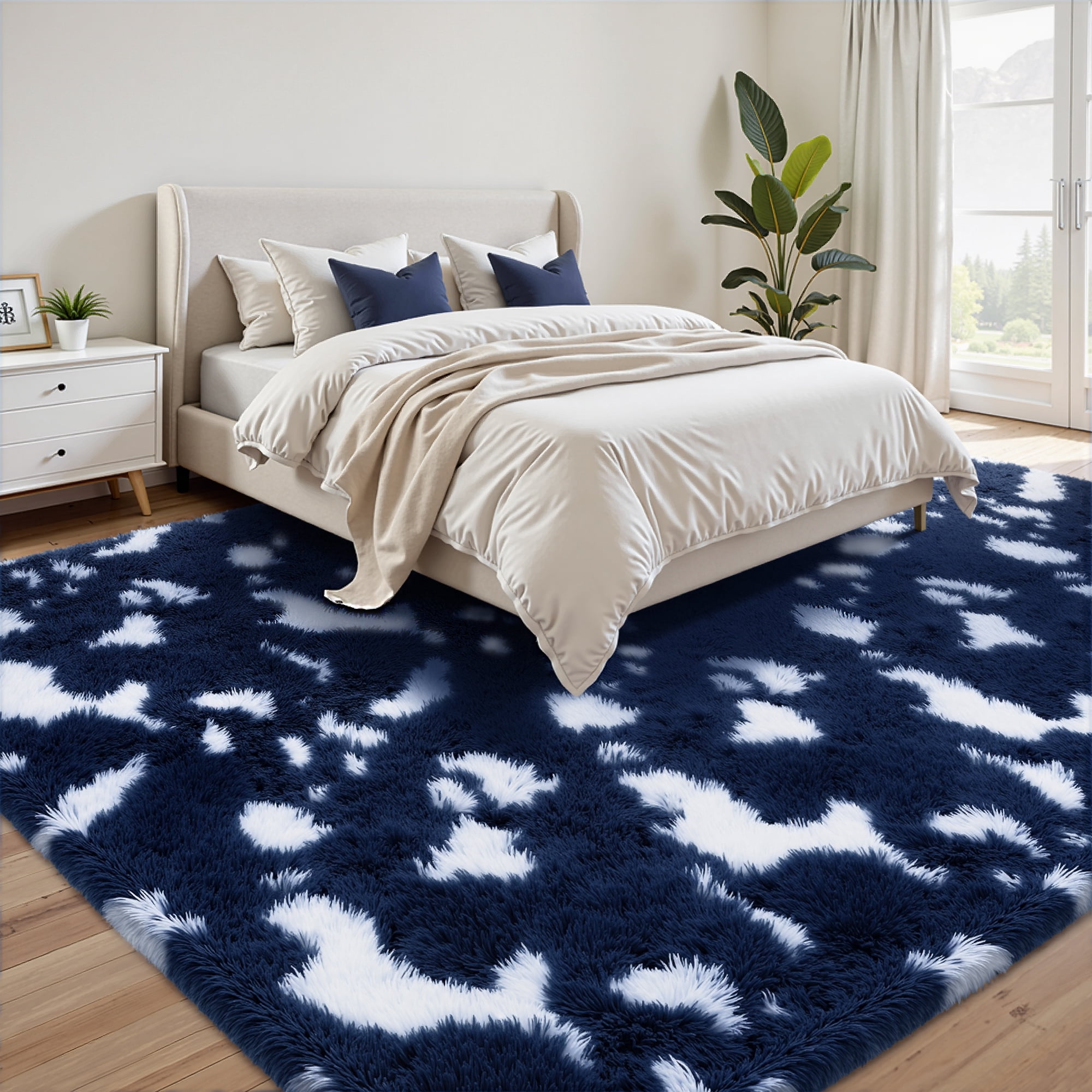 Lalado 8ft x 10ft Shag Area Rug, Soft Fluffy Indoor Tie-Dye Area Rugs for Living Room Bedroom Decor Carpet, Blue & White