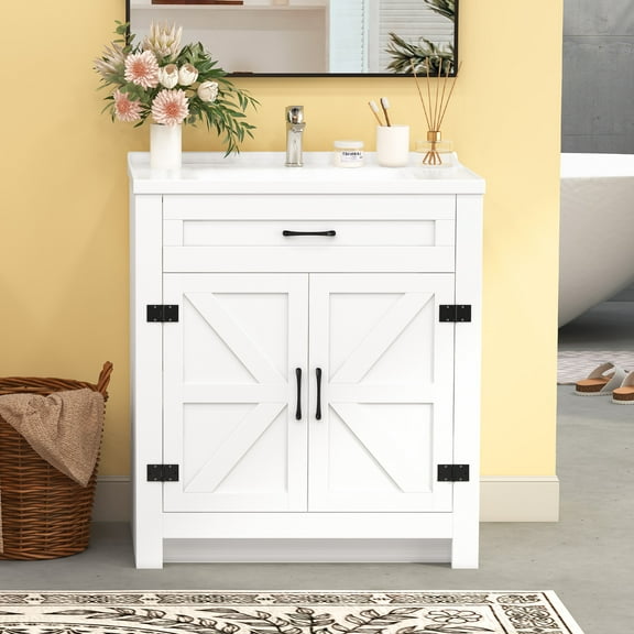 Onesaimei Single Sink Bathroom Vanity, Bathroom Cabinet with Integrated Ceramic Sink, White