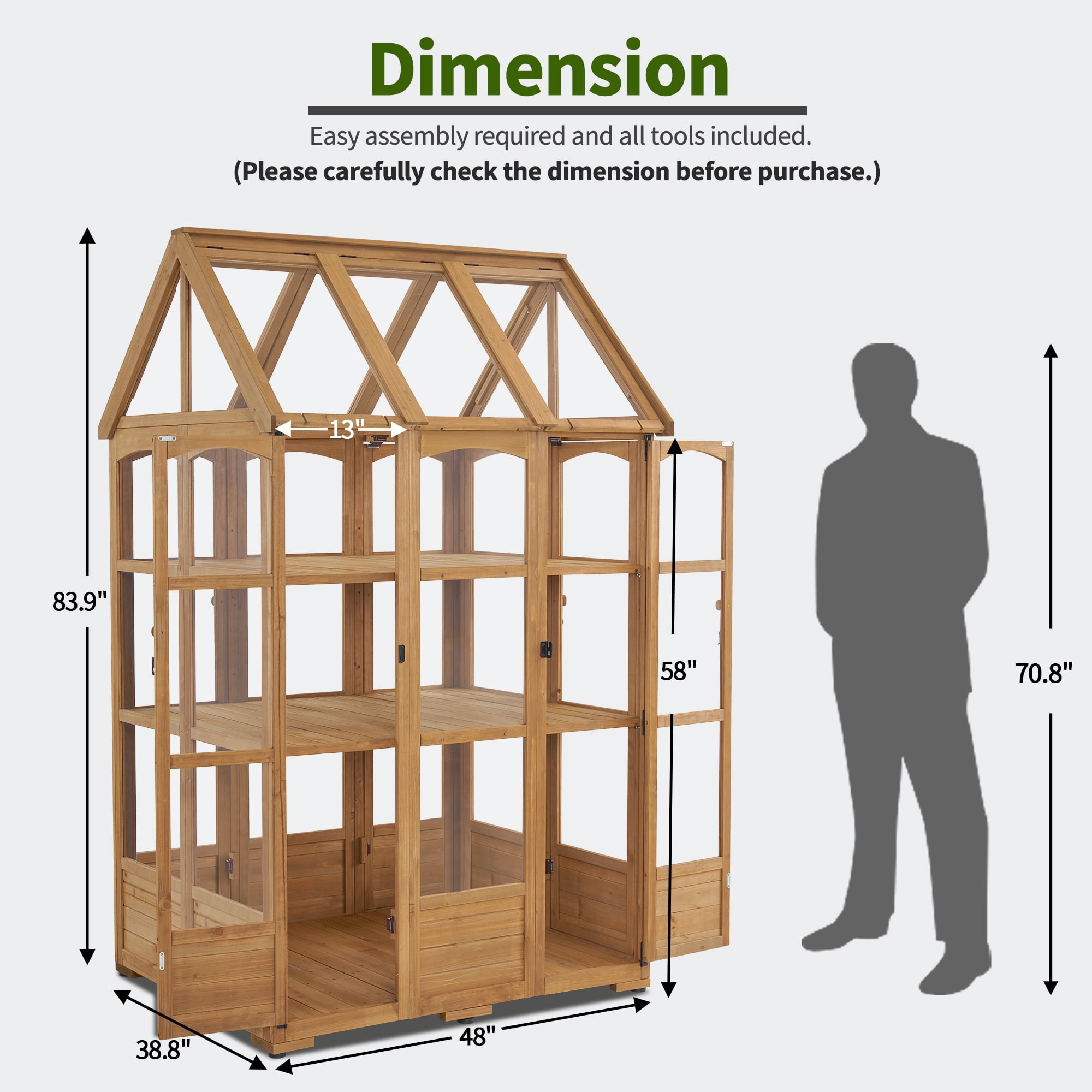 MCombo 48" x 38.8" x 83.9" Wooden Greenhouse with Adjustable Roof Vent and 8 Lockable Door for Backyard Outdoor Use,