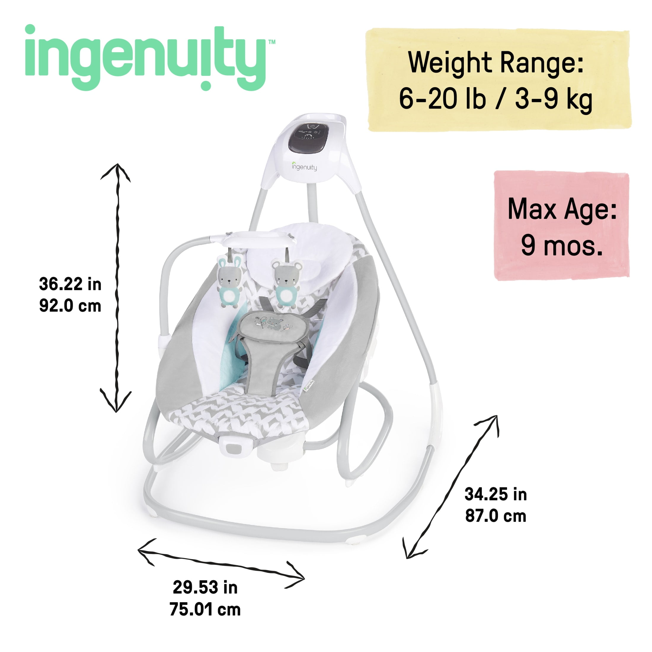 Ingenuity SimpleComfort 2-in-1 Vibrating Lightweight Baby Swing and Rocker Raylan, Gray