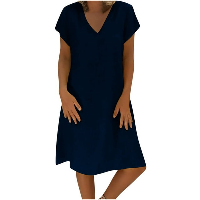 CHUANK Robe Grande Taille pour Femmes Liquidation Robe Ample Col en V Été Manches Courtes Coton et Lin Marine